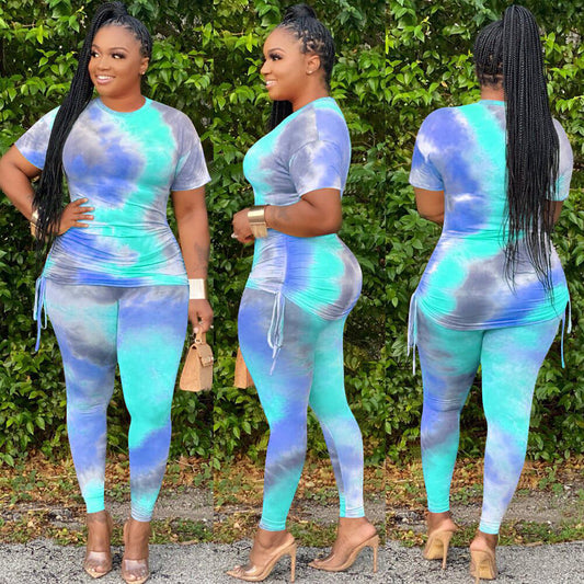 Tie-Dye Print O-Neck Short-Sleeve T-Shirt + Matching Leggings Women's 2-Piece Set to 3X Plus Size
