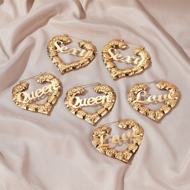 Personalized Customized Bamboo Hoop Nameplate Letter Print Dangle Earrings