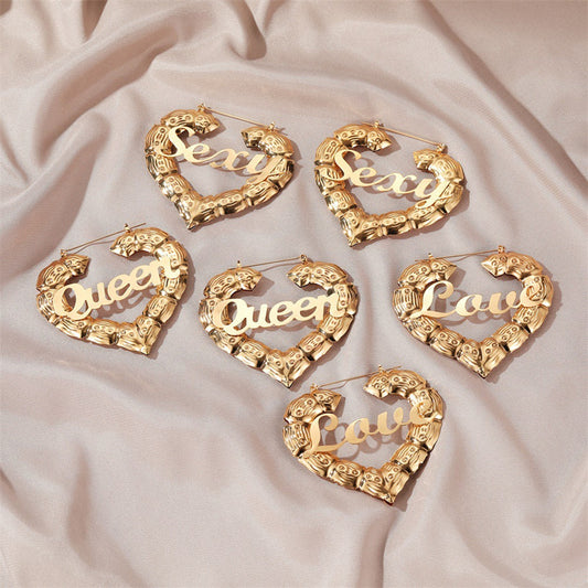 Personalized Customized Bamboo Hoop Nameplate Letter Print Dangle Earrings