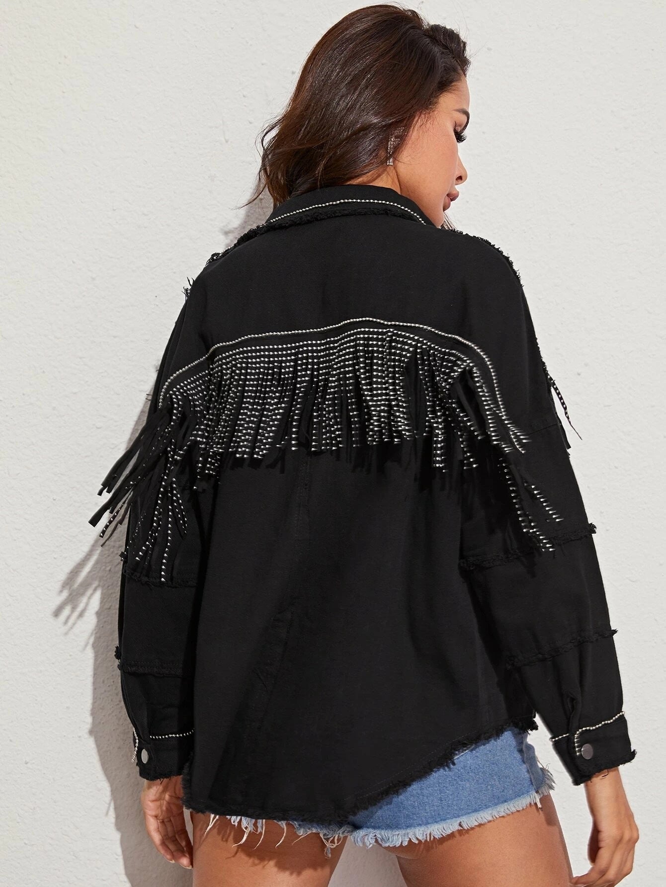 Denim Black Beaded Tassel Fringe Design Women's Western Cowgirl Jean Jacket