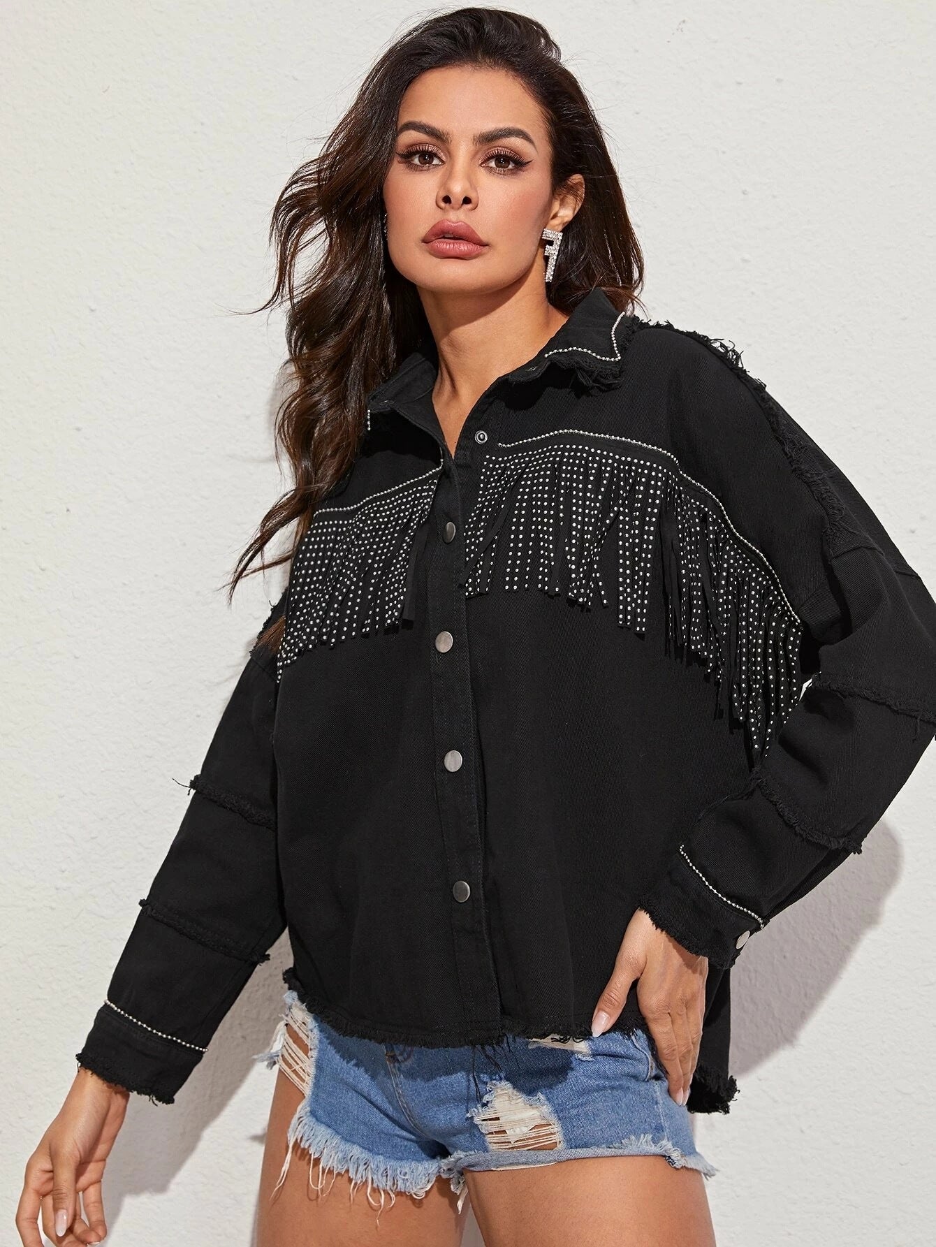 Denim Black Beaded Tassel Fringe Design Women's Western Cowgirl Jean Jacket