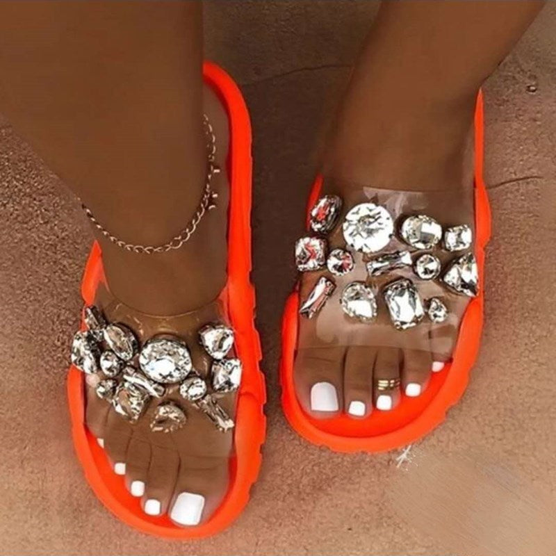 Big Rhinestone Crystal  Glitter Design Open Toe Women's Flip-Flop Flat Sandals