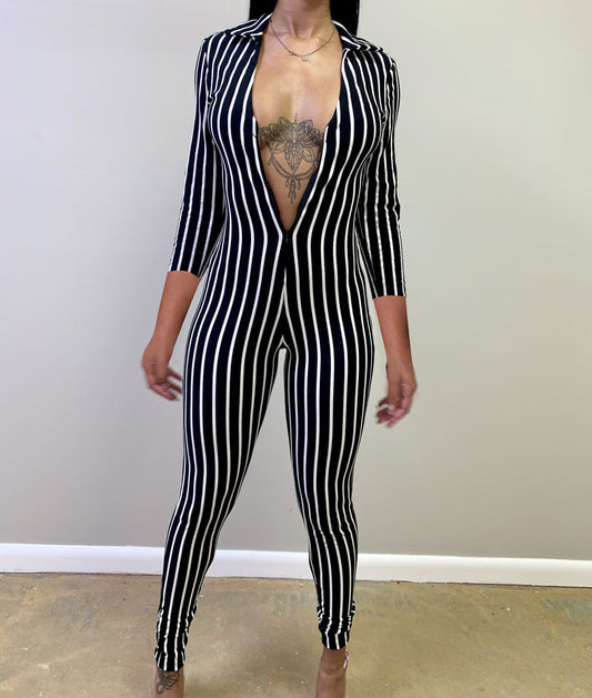 Striped Turn-Down Collar Deep V-Neck Women's 1/2 Sleeve Bodycon Skinny Fitness Zipper Jumpsuit