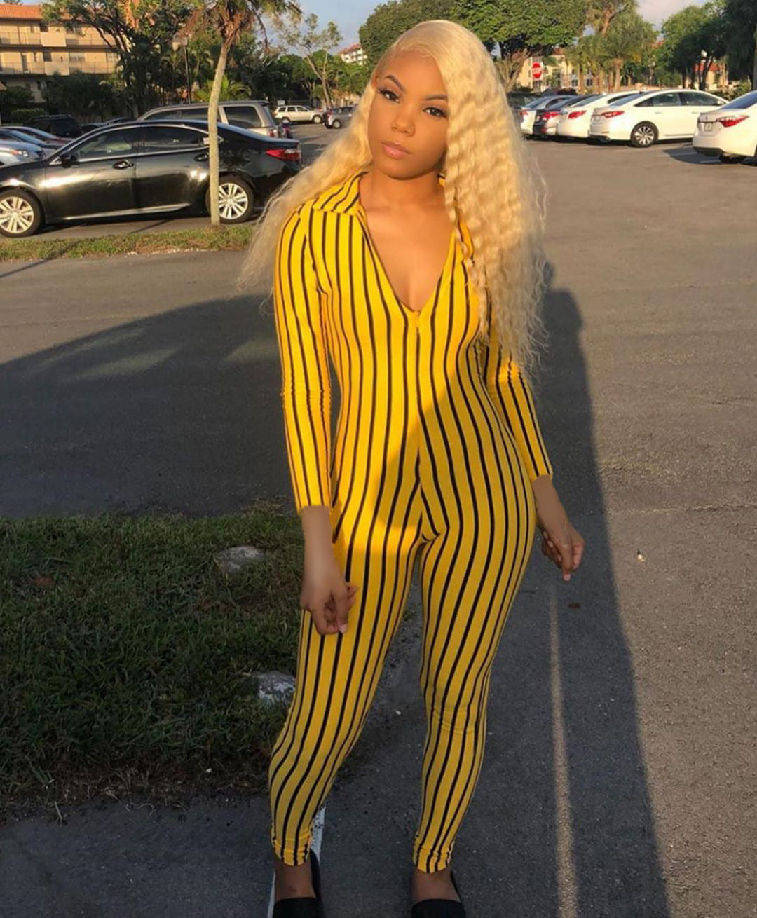 Striped Turn-Down Collar Deep V-Neck Women's 1/2 Sleeve Bodycon Skinny Fitness Zipper Jumpsuit