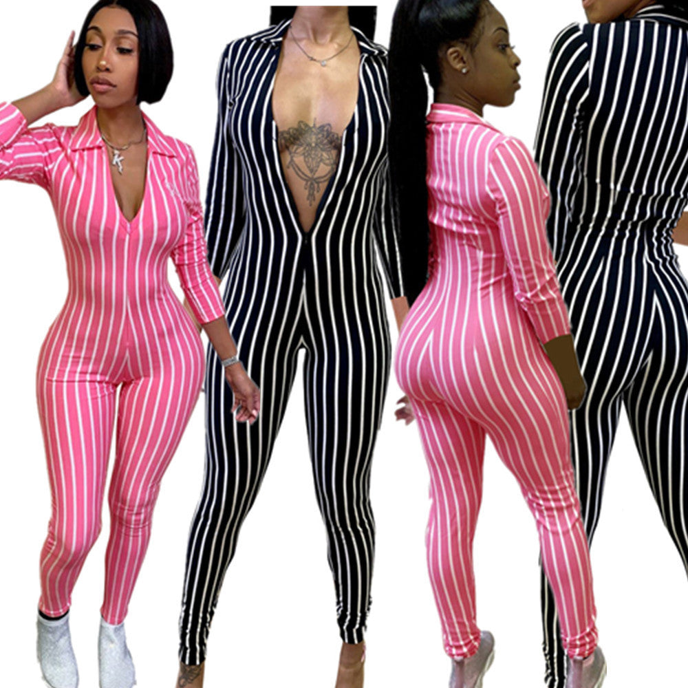 Striped Turn-Down Collar Deep V-Neck Women's 1/2 Sleeve Bodycon Skinny Fitness Zipper Jumpsuit