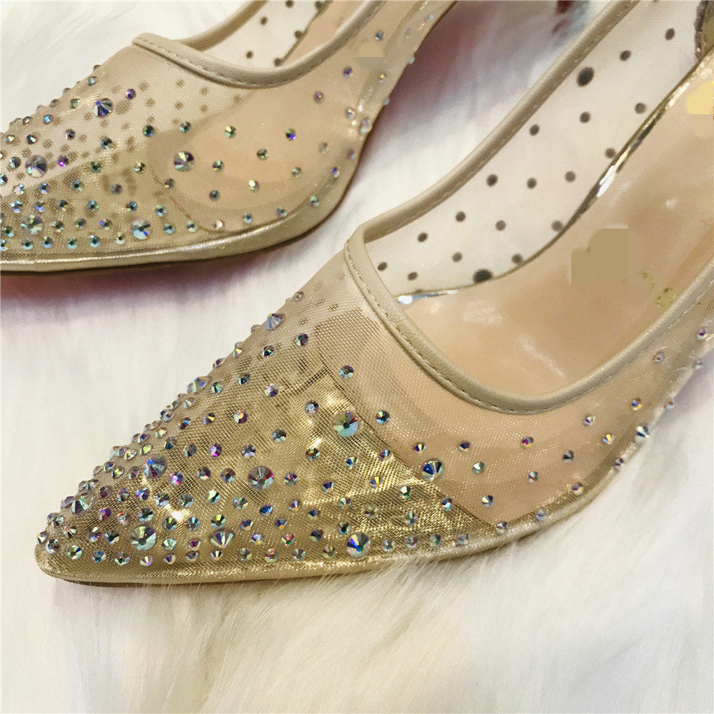 Mesh Rhinestone Transparent Women's Pointed Toe High Heel Pumps 2.5, 7.5 & 10 cm