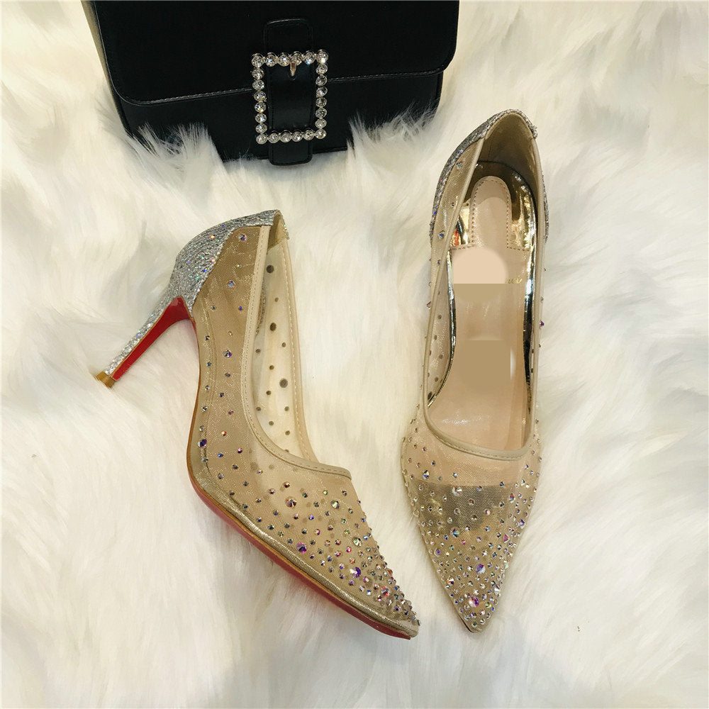Mesh Rhinestone Transparent Women's Pointed Toe High Heel Pumps 2.5, 7.5 & 10 cm