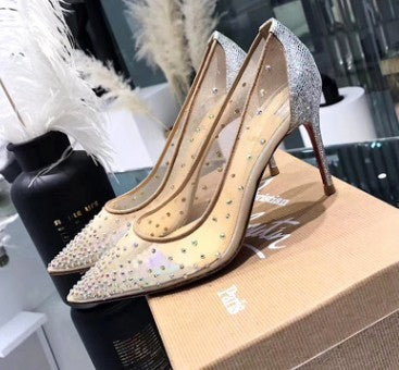 Mesh Rhinestone Transparent Women's Pointed Toe High Heel Pumps 2.5, 7.5 & 10 cm