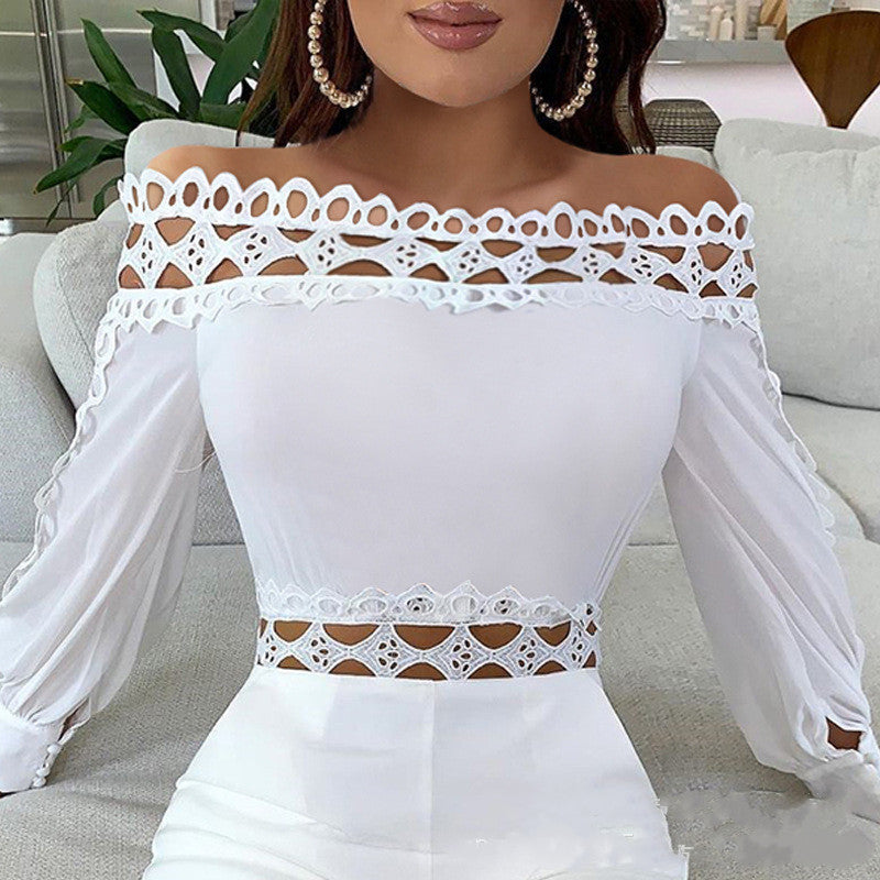 Off-the-Shoulder Lace Stitched Solid Color Long Sleeve Women's Shorts Romper