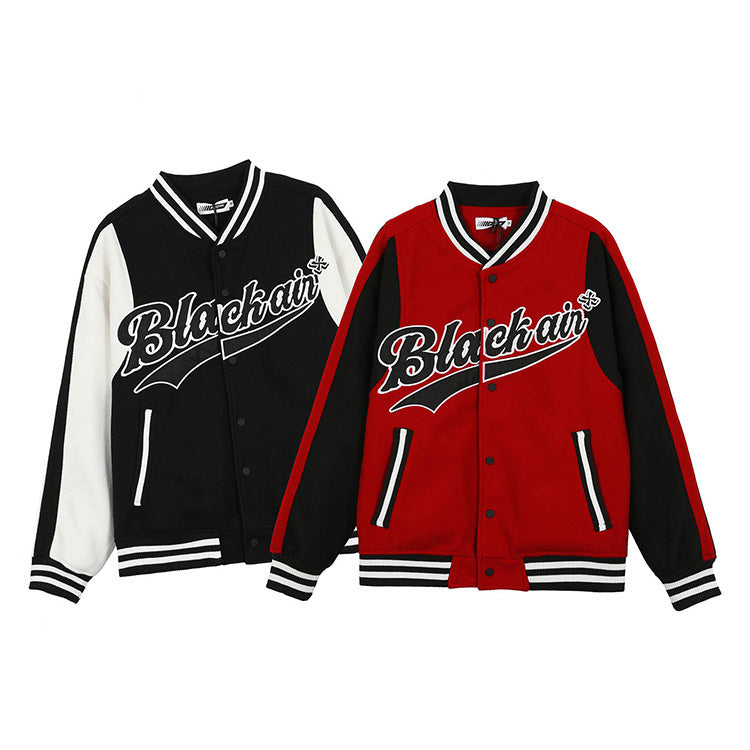 Unisex Colorblock Striped Hem Button-Up "Black Air" Varsity Baseball Bomber Jacket
