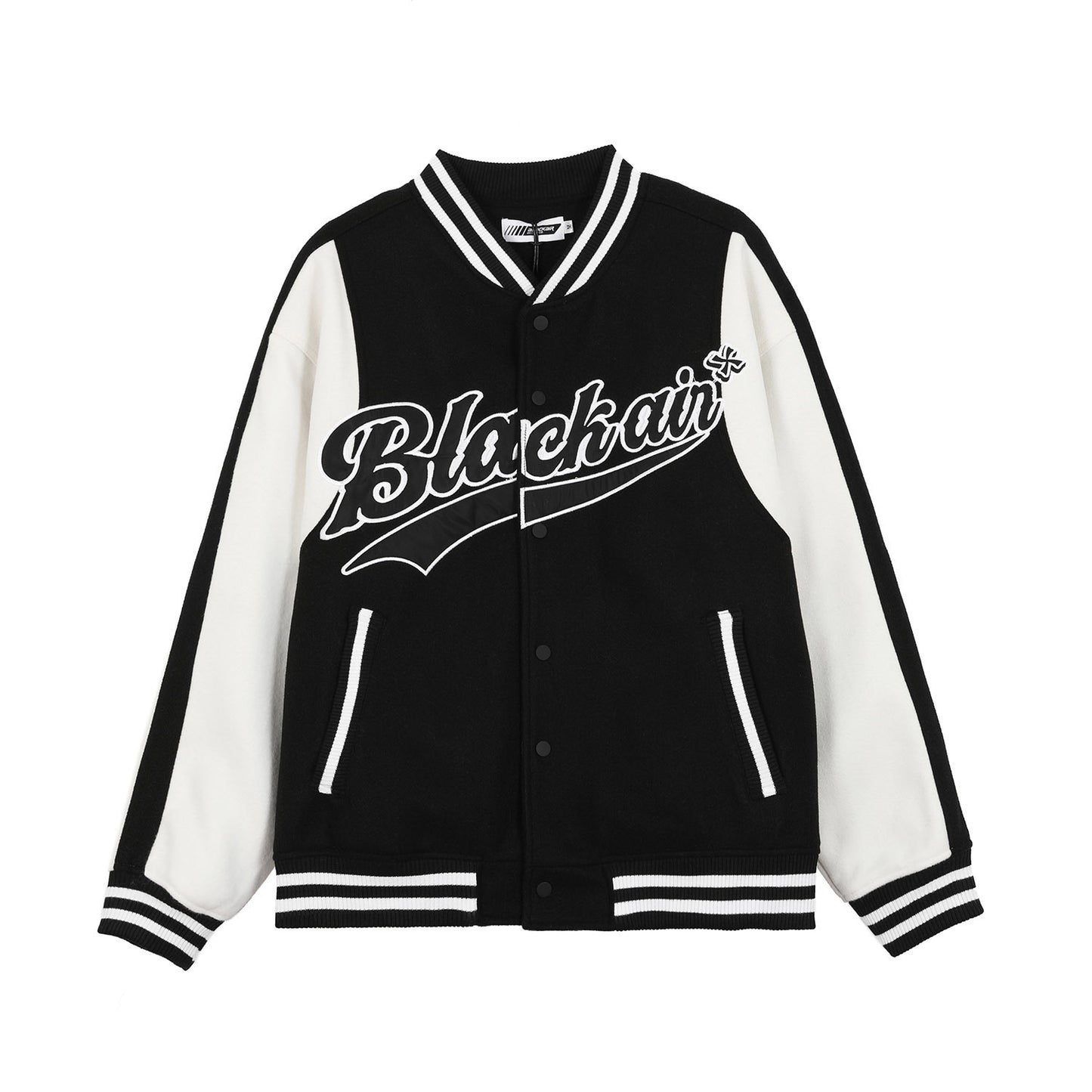 Unisex Colorblock Striped Hem Button-Up "Black Air" Varsity Baseball Bomber Jacket