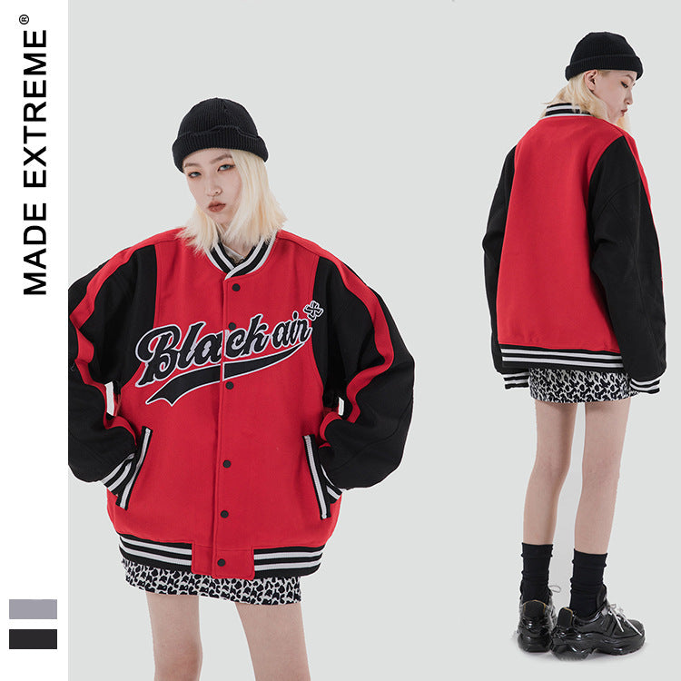 Unisex Colorblock Striped Hem Button-Up "Black Air" Varsity Baseball Bomber Jacket