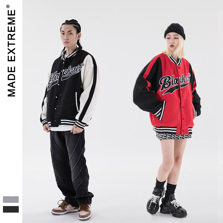 Unisex Colorblock Striped Hem Button-Up "Black Air" Varsity Baseball Bomber Jacket