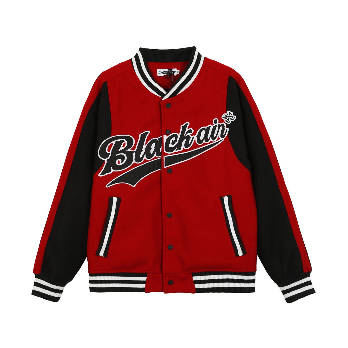 Unisex Colorblock Striped Hem Button-Up "Black Air" Varsity Baseball Bomber Jacket