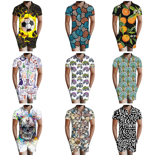Men's Assorted 3D Print Short Sleeve One-Piece Skinny Shorts Romper