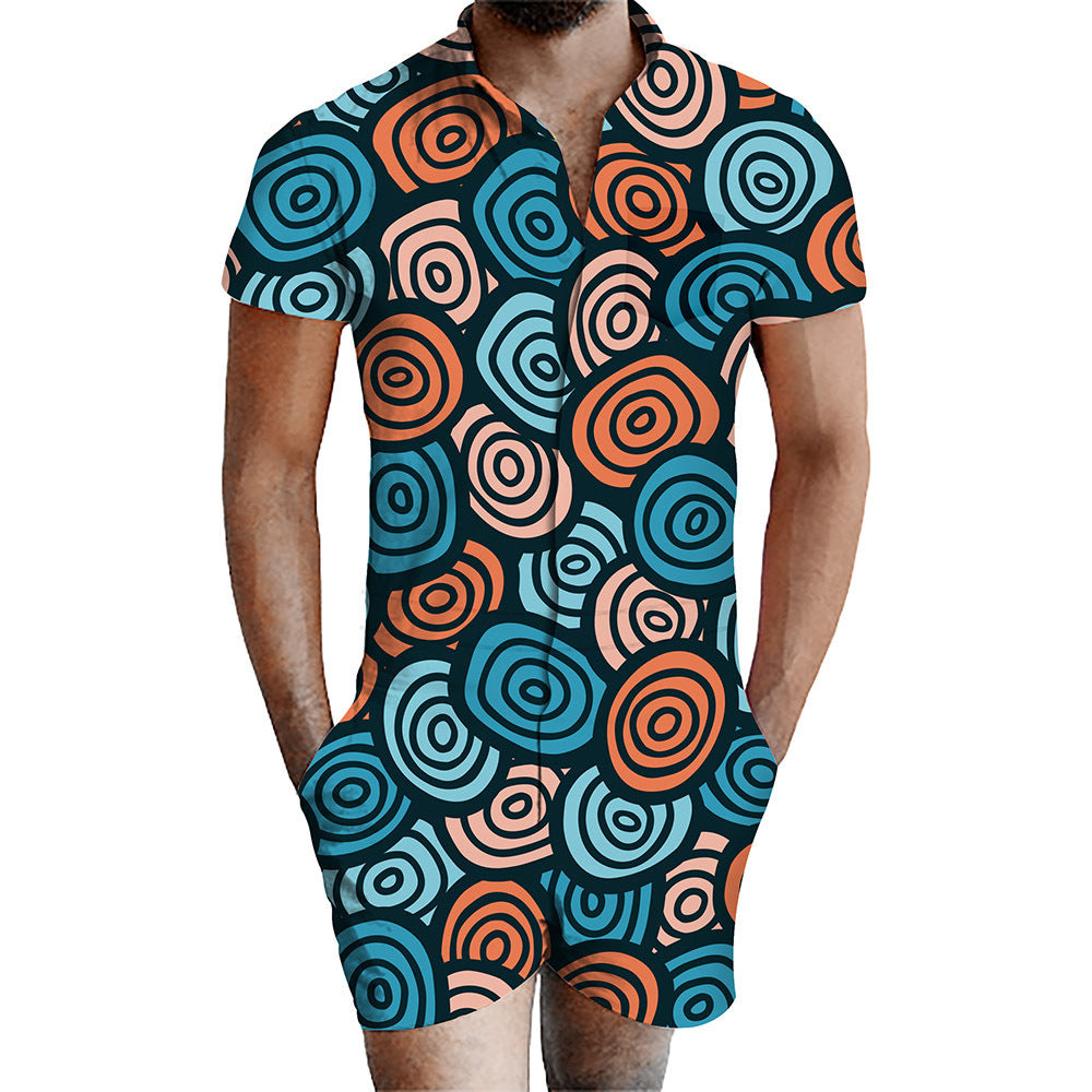 Men's Assorted 3D Print Short Sleeve One-Piece Skinny Shorts Romper