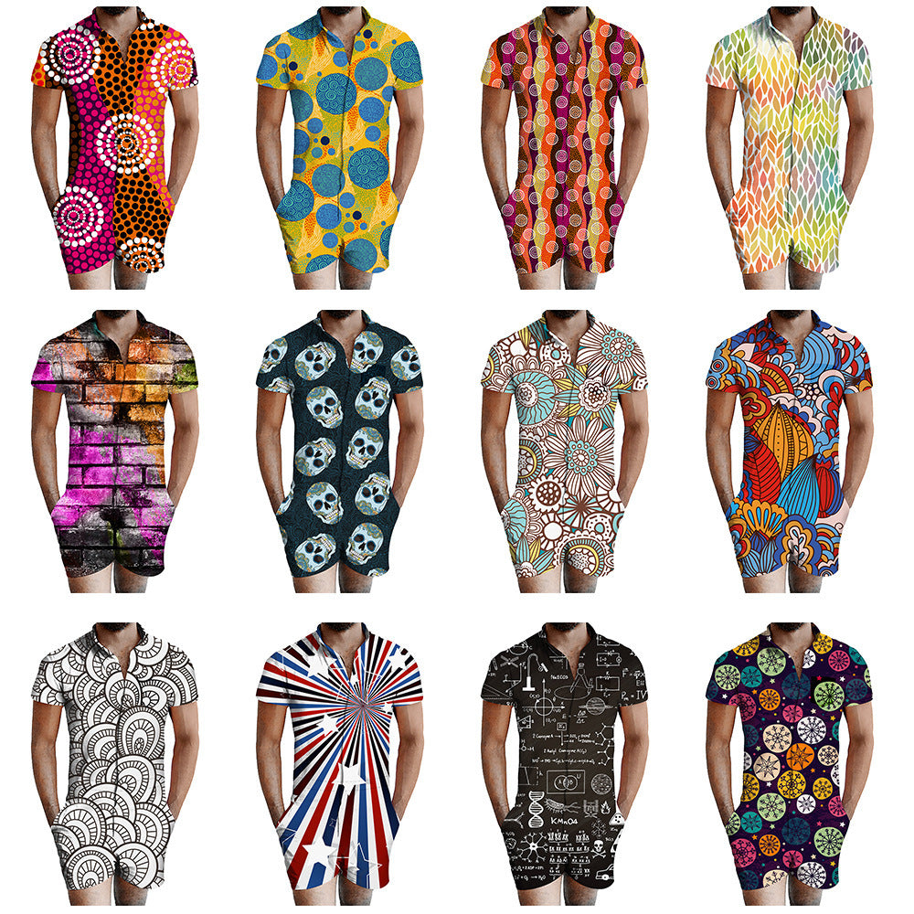 Men's Assorted 3D Print Short Sleeve One-Piece Skinny Shorts Romper