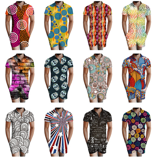 Men's Assorted 3D Print Short Sleeve One-Piece Skinny Shorts Romper