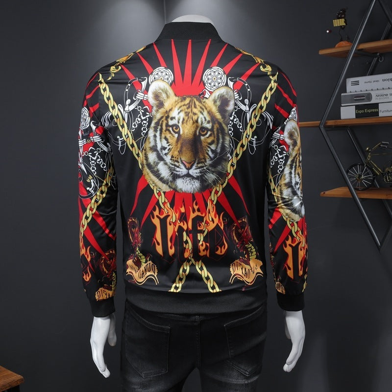 Men's Baroque Gold Chain Tiger Flame Hip-Hop Print O-Neck Streetwear Zipper Bomber Jacket
