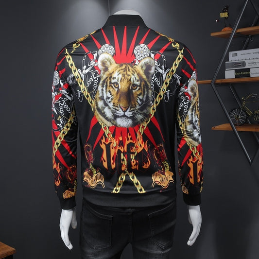 Men's Baroque Gold Chain Tiger Flame Hip-Hop Print O-Neck Streetwear Zipper Bomber Jacket