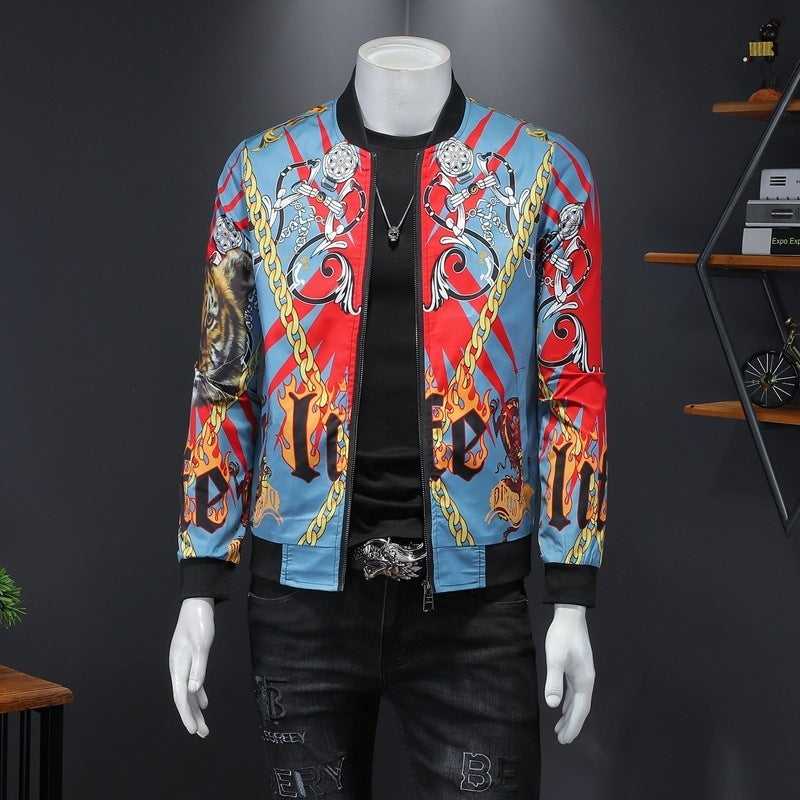 Men's Baroque Gold Chain Tiger Flame Hip-Hop Print O-Neck Streetwear Zipper Bomber Jacket