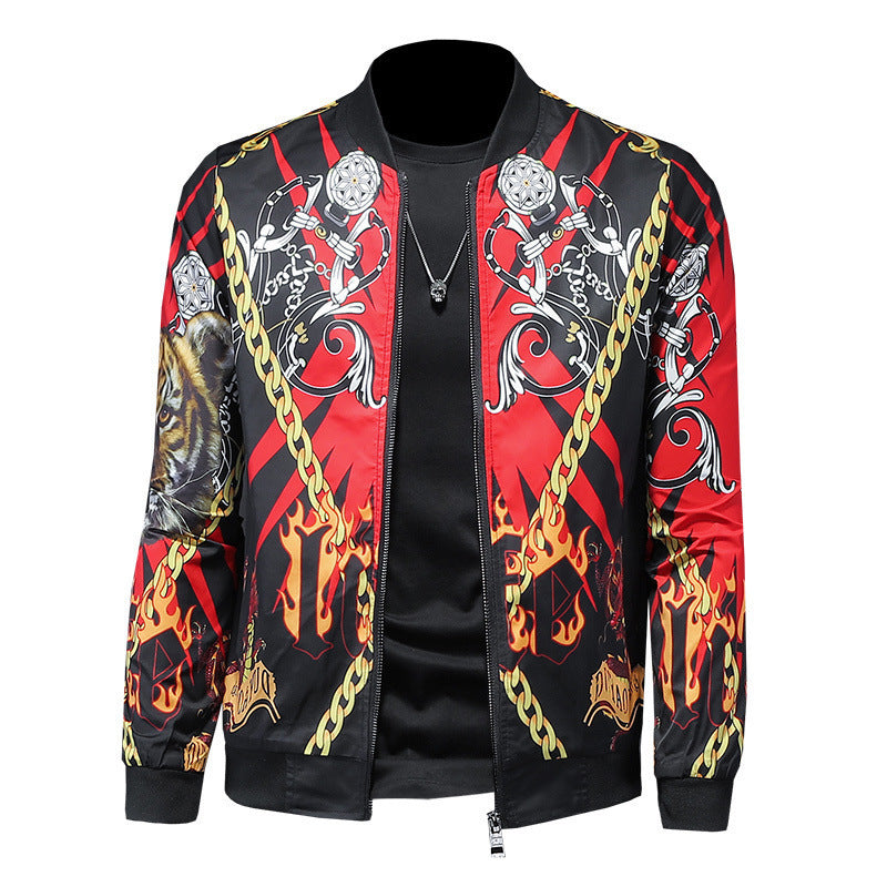 Men's Baroque Gold Chain Tiger Flame Hip-Hop Print O-Neck Streetwear Zipper Bomber Jacket