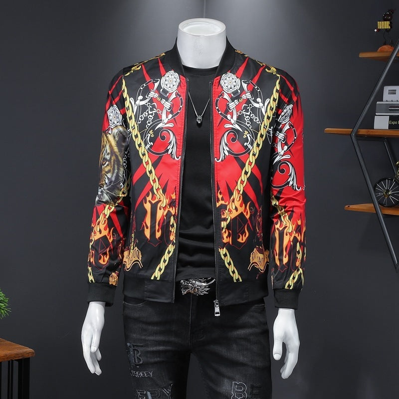 Men's Baroque Gold Chain Tiger Flame Hip-Hop Print O-Neck Streetwear Zipper Bomber Jacket
