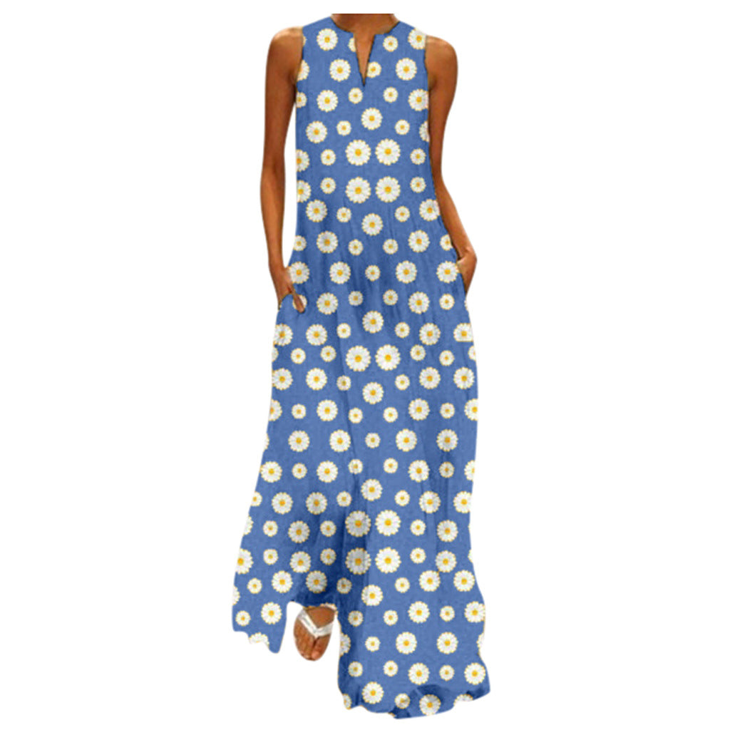 Daisy Flower Print Sleeveless V-Neck Big Swing Maxi Dress to 5X Plus Size
