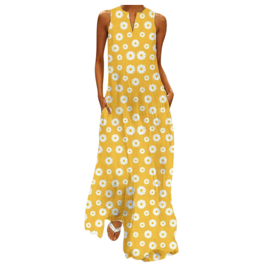 Daisy Flower Print Sleeveless V-Neck Big Swing Maxi Dress to 5X Plus Size