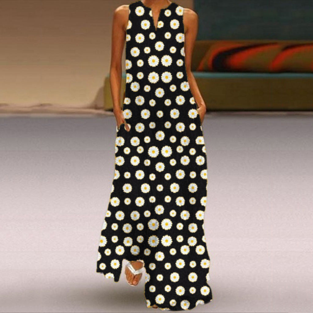 Daisy Flower Print Sleeveless V-Neck Big Swing Maxi Dress to 5X Plus Size