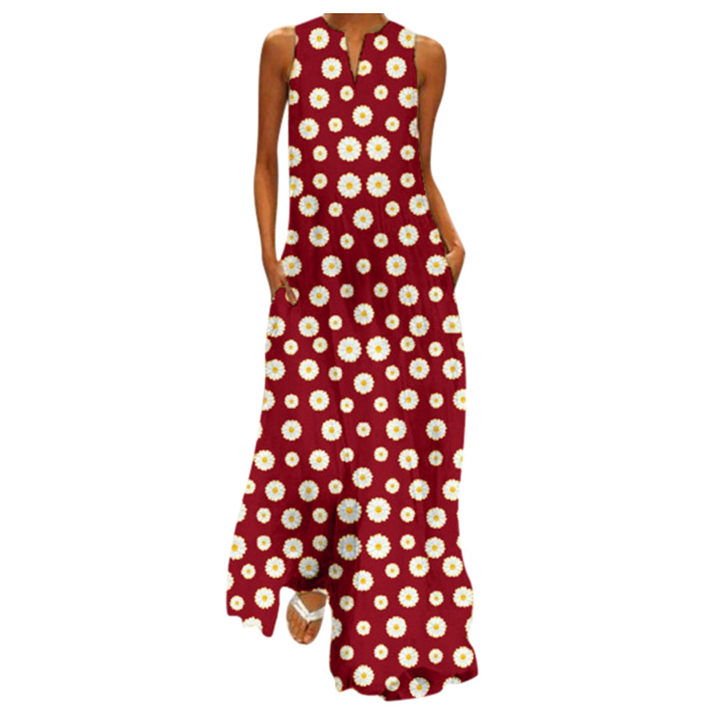 Daisy Flower Print Sleeveless V-Neck Big Swing Maxi Dress to 5X Plus Size