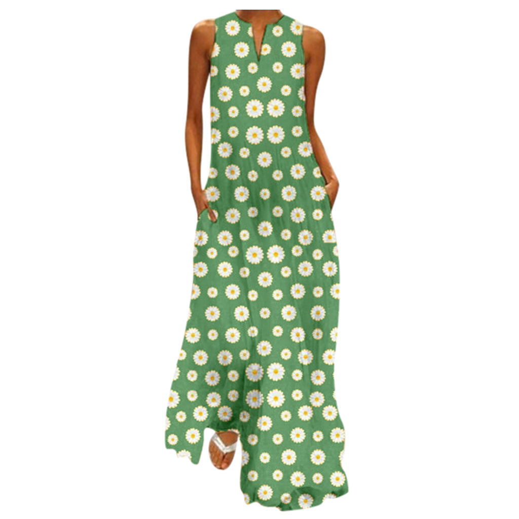 Daisy Flower Print Sleeveless V-Neck Big Swing Maxi Dress to 5X Plus Size