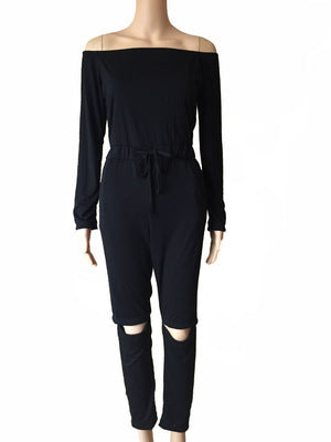 Off-the-Shoulder Long Sleeve Solid Color Ripped Legging Jumpsuit