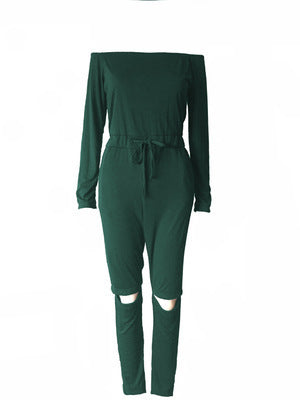 Off-the-Shoulder Long Sleeve Solid Color Ripped Legging Jumpsuit