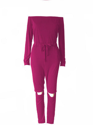 Off-the-Shoulder Long Sleeve Solid Color Ripped Legging Jumpsuit
