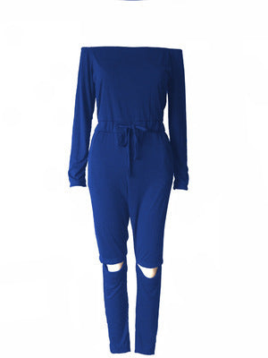 Off-the-Shoulder Long Sleeve Solid Color Ripped Legging Jumpsuit