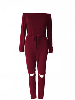 Off-the-Shoulder Long Sleeve Solid Color Ripped Legging Jumpsuit