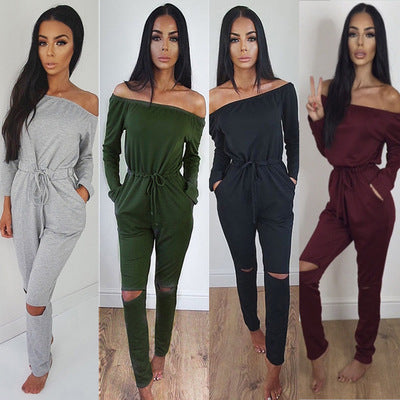 Off-the-Shoulder Long Sleeve Solid Color Ripped Legging Jumpsuit