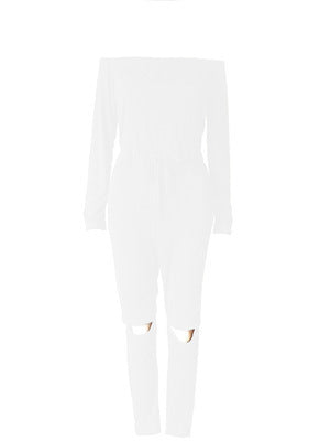 Off-the-Shoulder Long Sleeve Solid Color Ripped Legging Jumpsuit