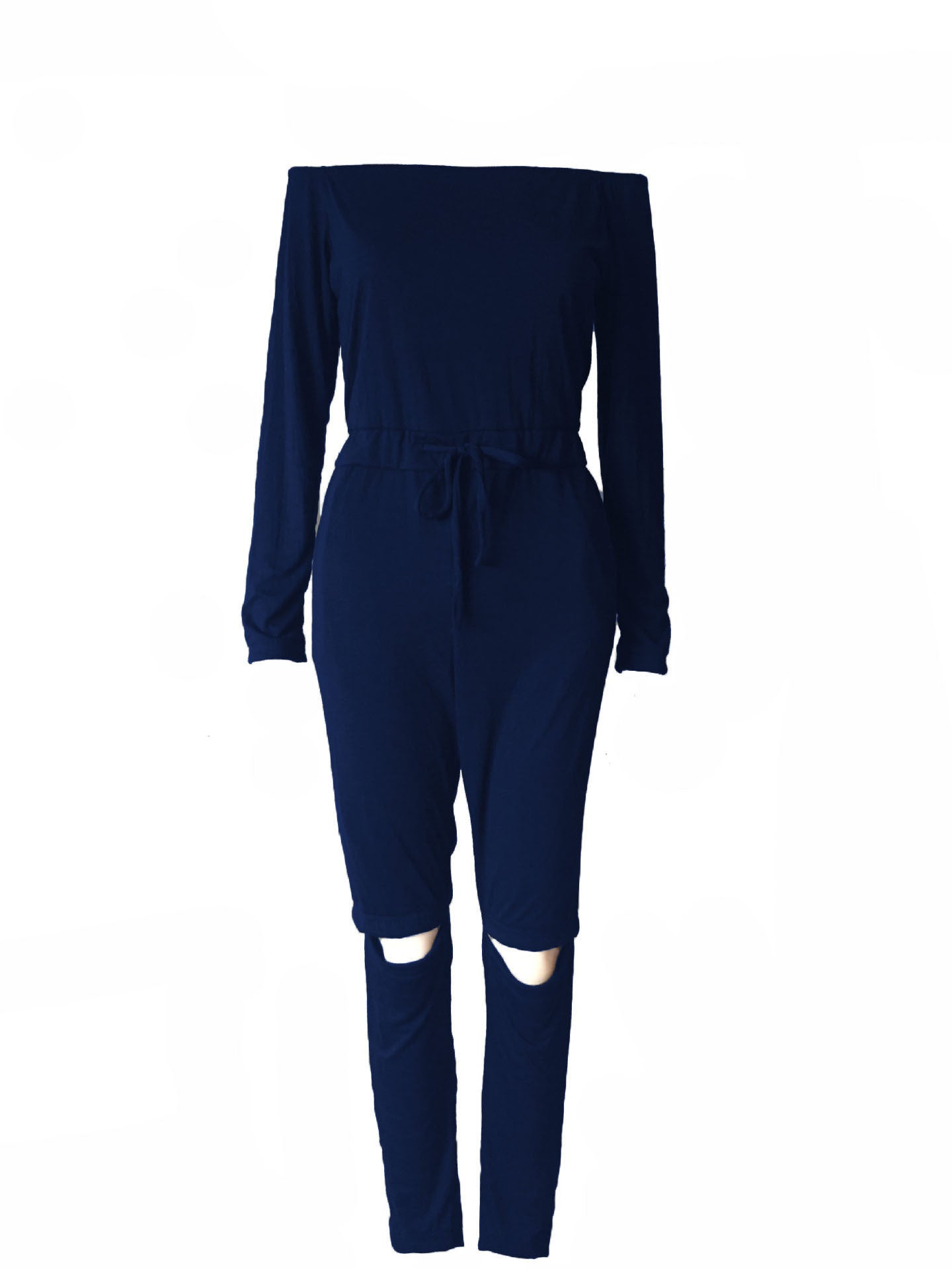 Off-the-Shoulder Long Sleeve Solid Color Ripped Legging Jumpsuit