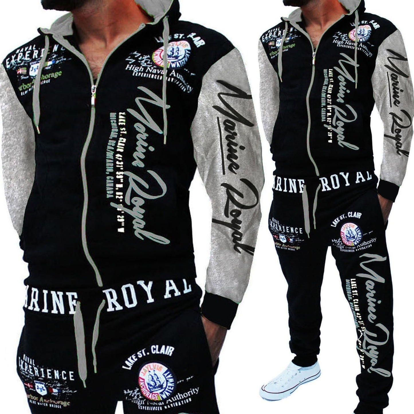 Men's Letter Print Zipper Hoodie Zipper Sports Jacket + Jogger Sweatpants Tracksuit