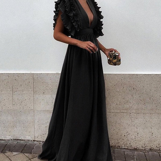 Ruffled Deep V-Neck Design Formal Maxi Party Evening Dress to 3X Plus Size