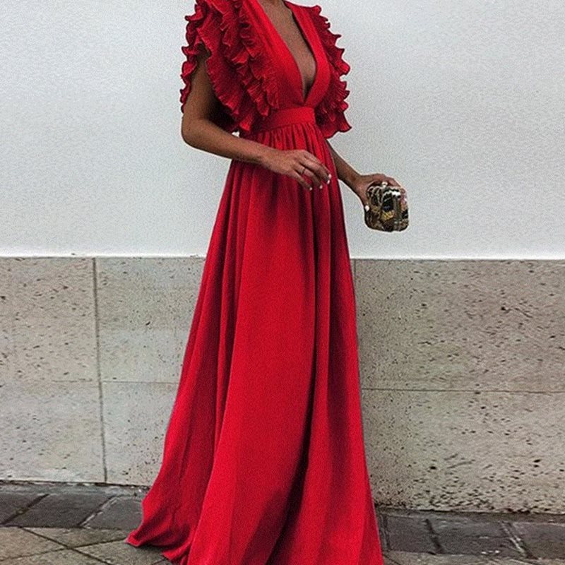 Ruffled Deep V-Neck Design Formal Maxi Party Evening Dress to 3X Plus Size