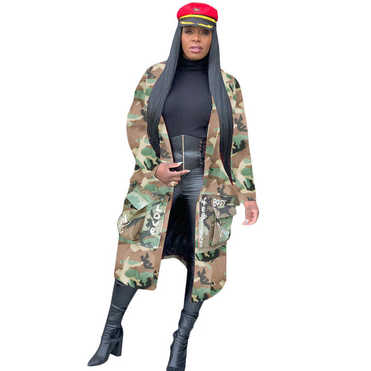 "There's Nothing Like A Sista" Letter Print Hip-Hop Denim Camoflauge Streetwear Women's Jean Trenchcoat to 3X Plus Size