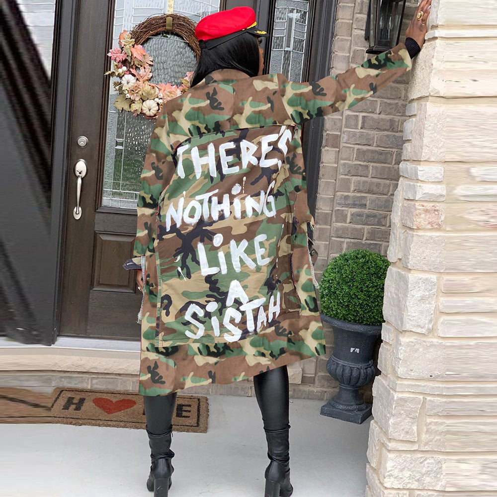 "There's Nothing Like A Sista" Letter Print Hip-Hop Denim Camoflauge Streetwear Women's Jean Trenchcoat to 3X Plus Size