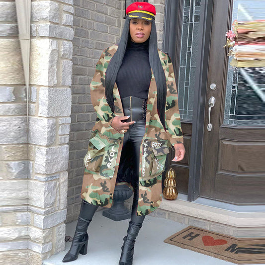 "There's Nothing Like A Sista" Letter Print Hip-Hop Denim Camoflauge Streetwear Women's Jean Trenchcoat to 3X Plus Size
