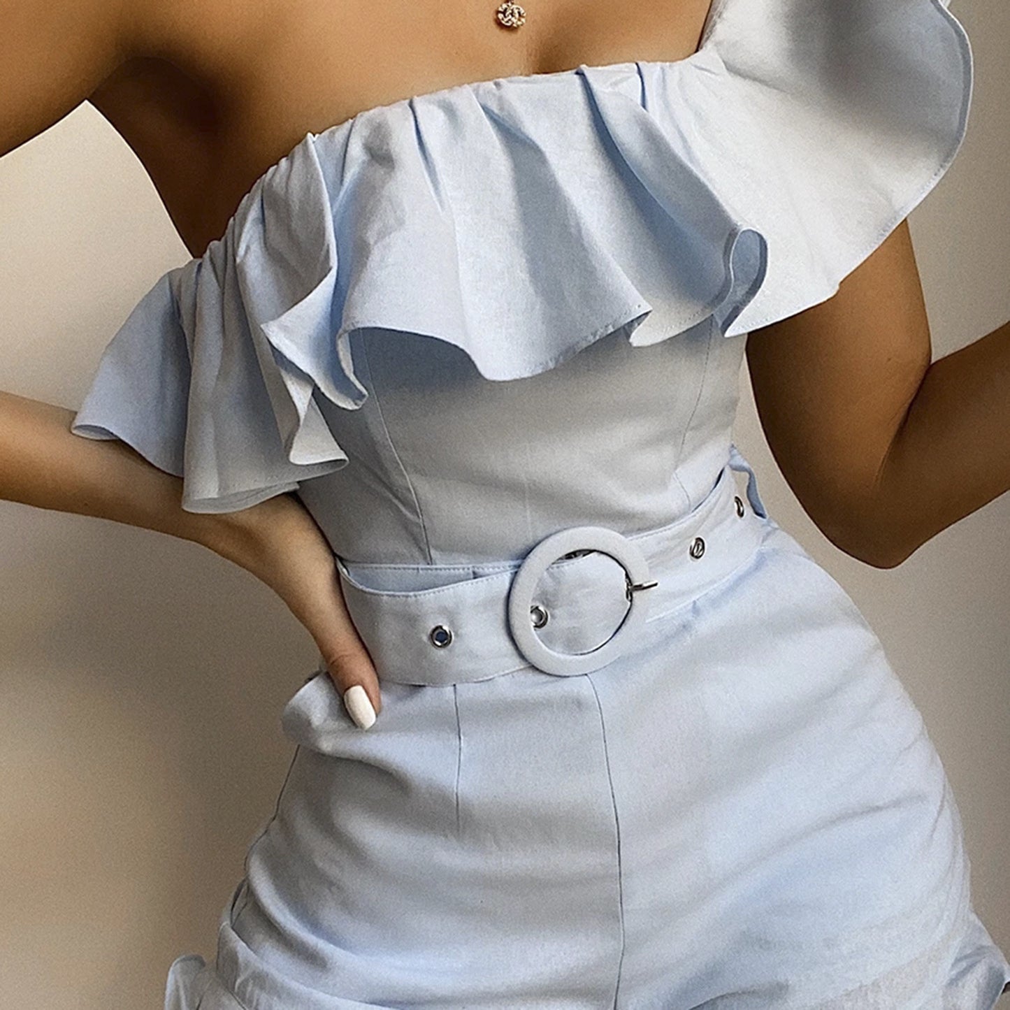 Ruffled Off-the-Shoulder Women's Solid Color Shorts Romper