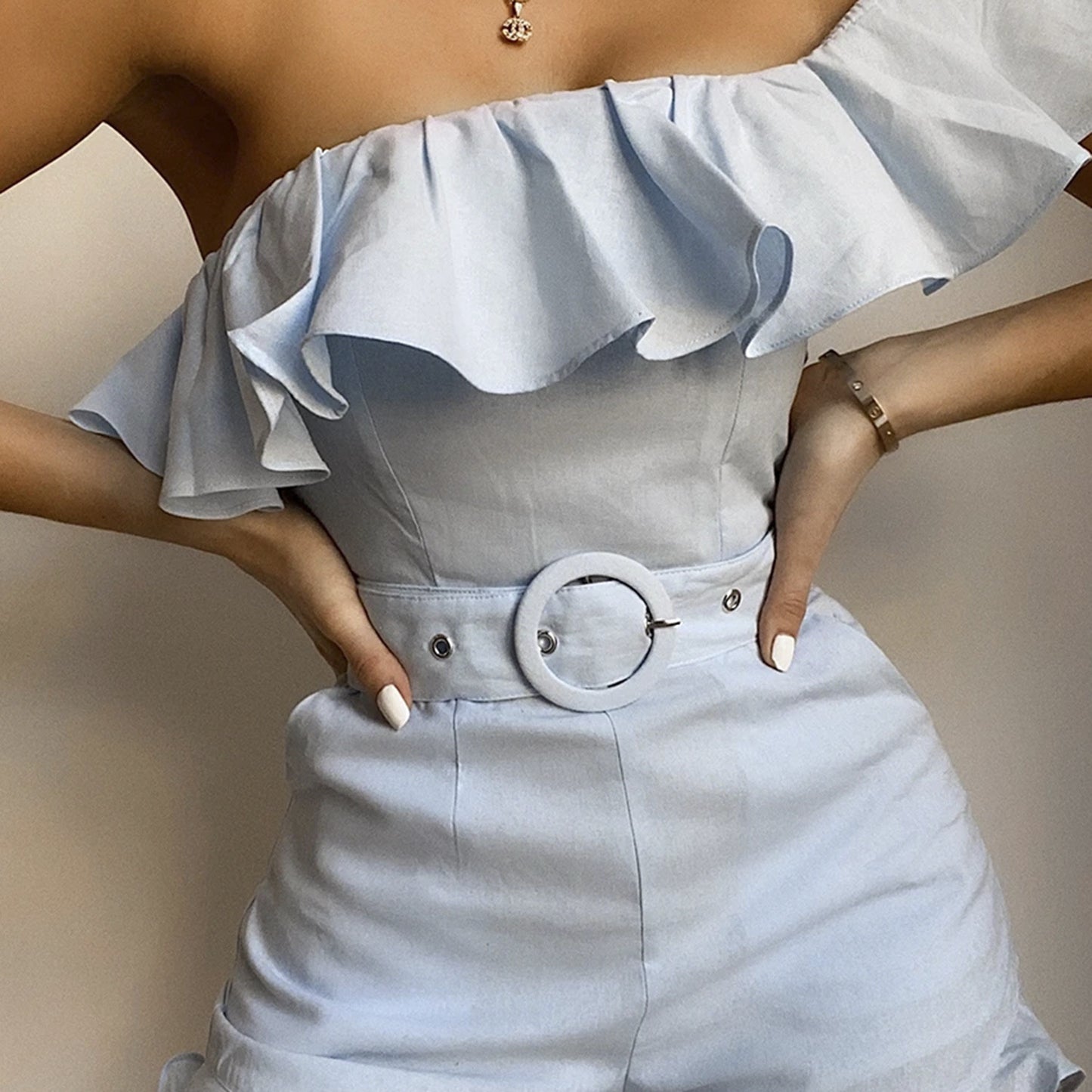 Ruffled Off-the-Shoulder Women's Solid Color Shorts Romper
