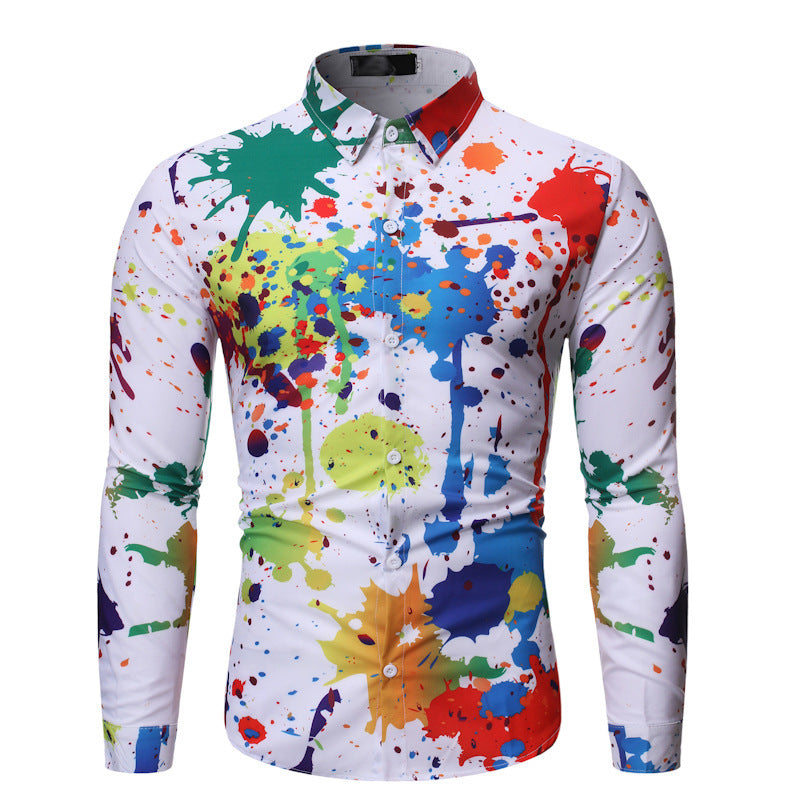Men's Paint Splatter Graffiti 3D Print Long Sleeve Turn-Down Collar Dress Shirt