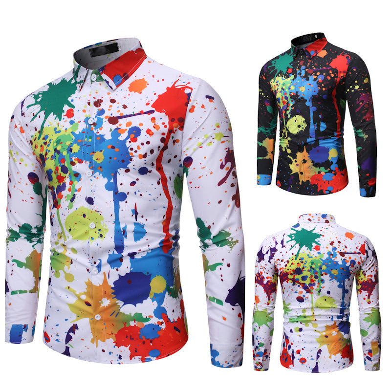 Men's Paint Splatter Graffiti 3D Print Long Sleeve Turn-Down Collar Dress Shirt